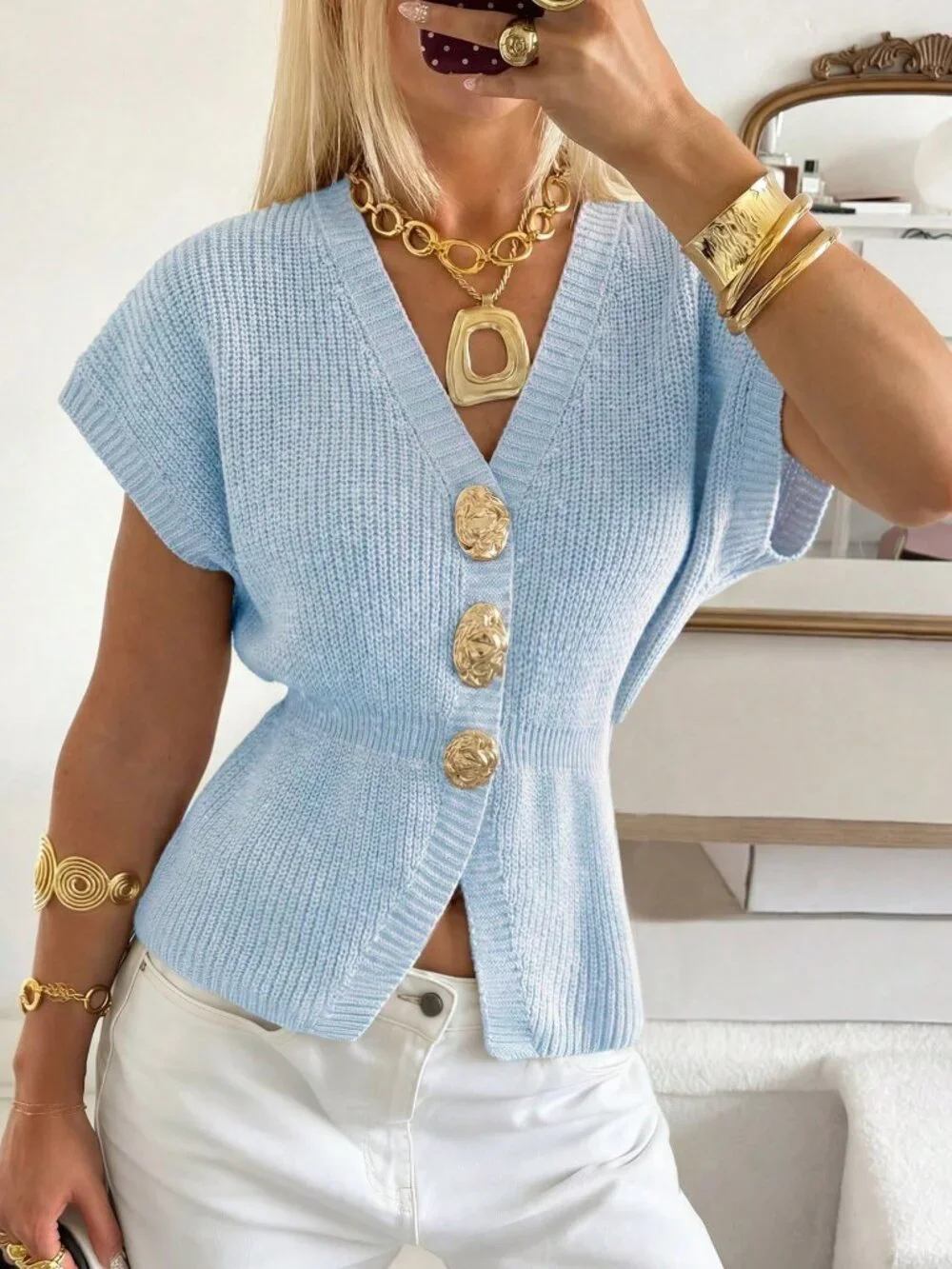 Baby Blue Casual Women's V-Neck Knit Top - Picture 3 of 7